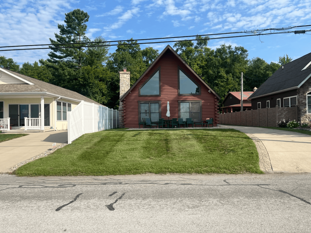 Lawn striping by lake house